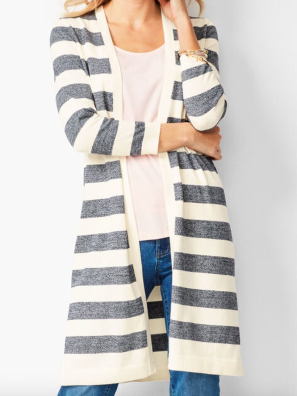 Talbots Cream Gray Striped Duster Cardigan Sweater Size S Small Open Front